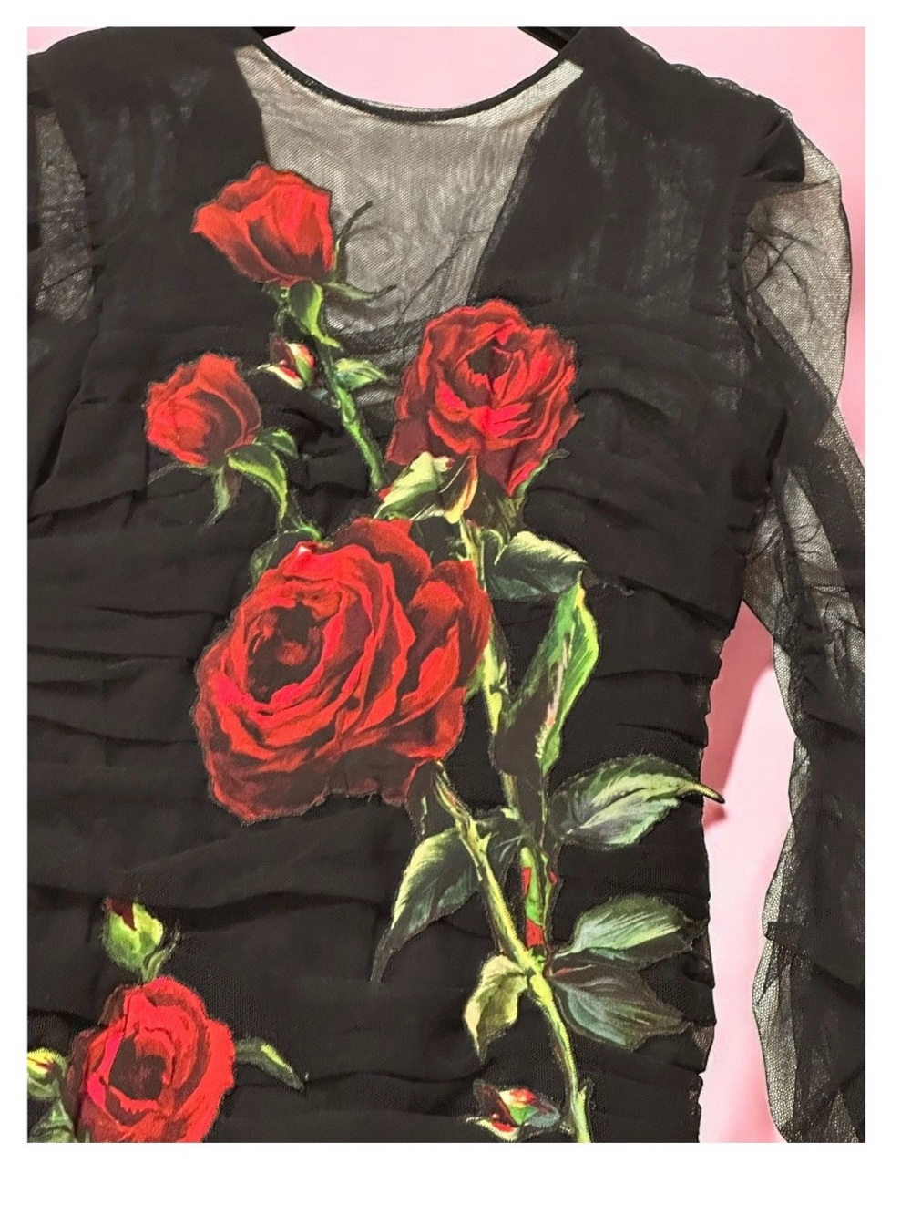 Dolce & Gabbana Black Sheer Ruched Dress with Red Rose Embroidery - Picture 6 of 6